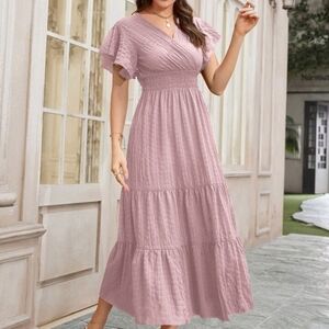 Butterfly Sleeve Shirred Ruffle Hem Maxi Dress